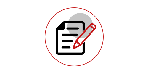 Symbol eines Notizblatts mit einem roten Stift in einem roten Quadrat.