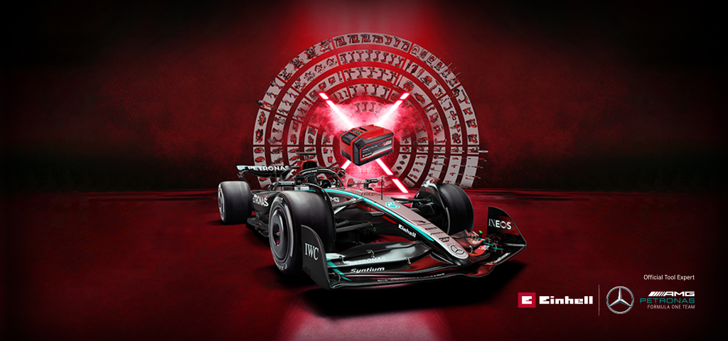 Formula 1 Mercedes race car with the Power-X-Change circle. 