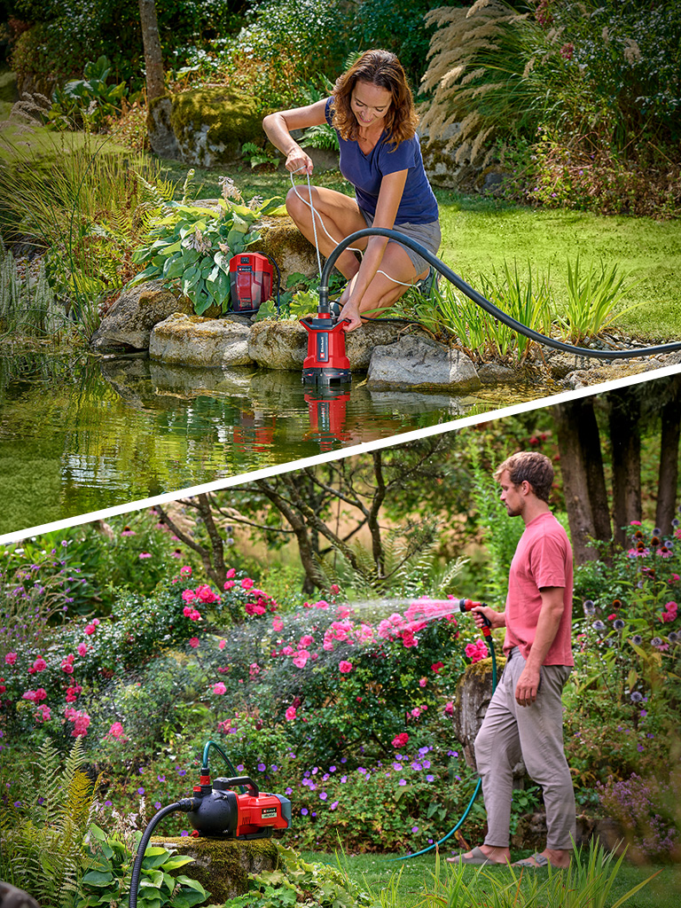 Oben pumpt eine Frau mit einer Einhell Akku-Wasserpumpe Wasser aus einem Teich. Unten gießt ein Mann mit einer Einhell Gartenpumpe Blumen in einem blühenden Garten.