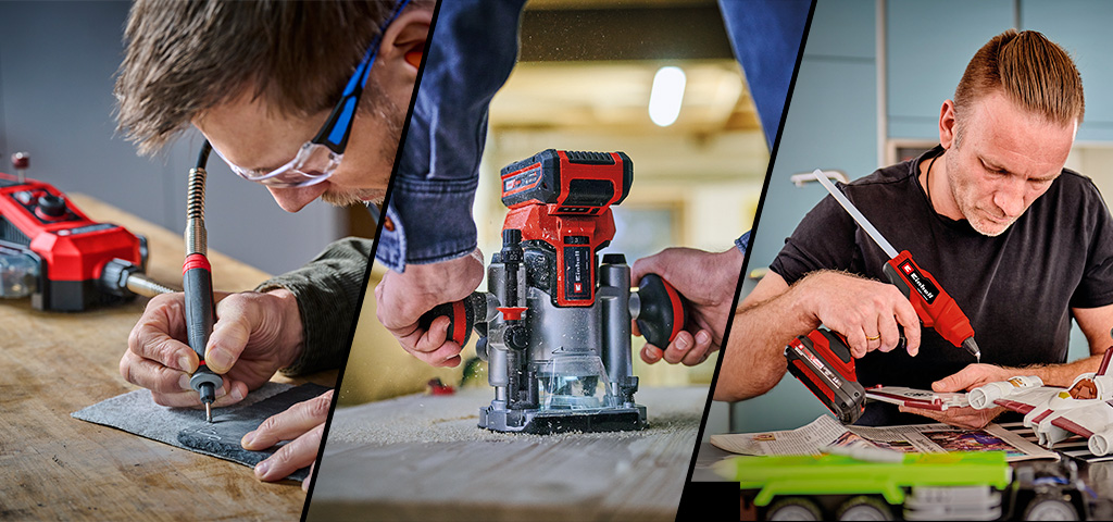 Three men using Einhell tools for precise tasks: engraving on stone, routing wood, and gluing a toy airplane.