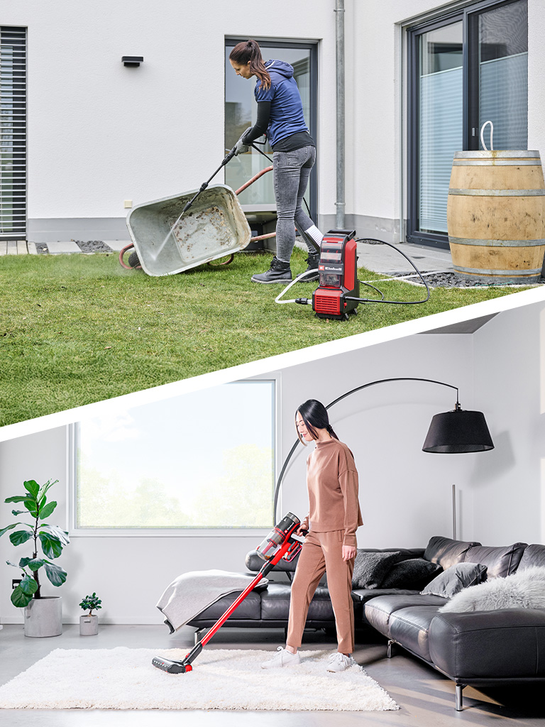 Frau saugt Wohnzimmer mit rotem Stielstaubsauger; rechts reinigt eine Frau draußen eine Schubkarre mit einem Einhell Hochdruckreiniger.