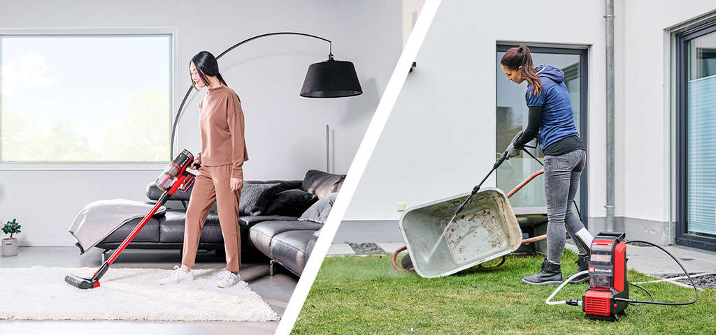 Frau saugt Wohnzimmer mit rotem Stielstaubsauger; rechts reinigt eine Frau draußen eine Schubkarre mit einem Einhell Hochdruckreiniger.