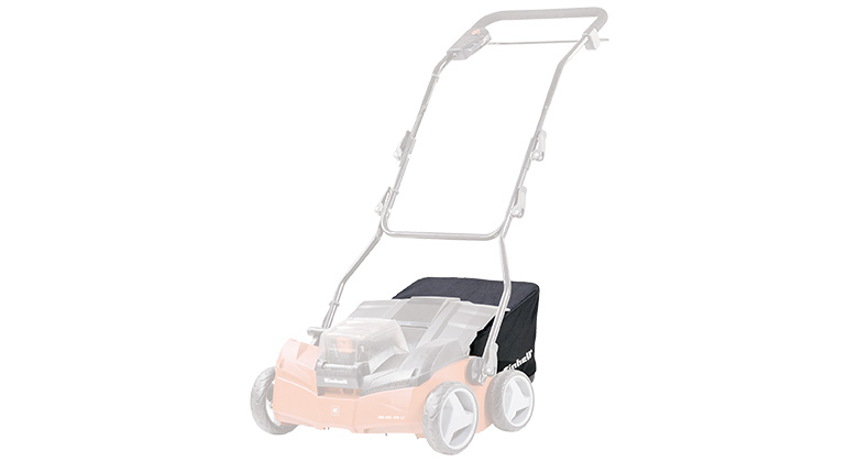 An image of a scarifier with a grass collection bag, shown in a translucent representation to highlight the bag.
