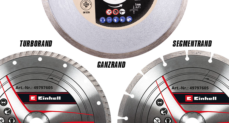 Drei Einhell-Diamantscheiben mit verschiedenen Schnittkanten: Turborand, Ganzrand und Segmentrand.