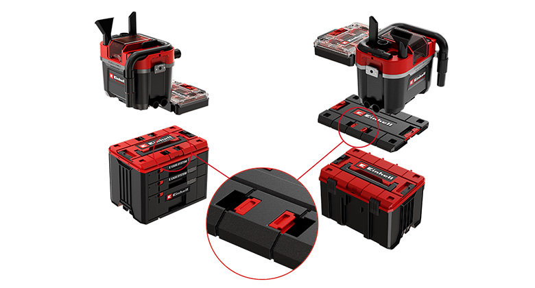 Illustration of the Einhell E-Case system with various modules, detail circle focuses on red connection system.