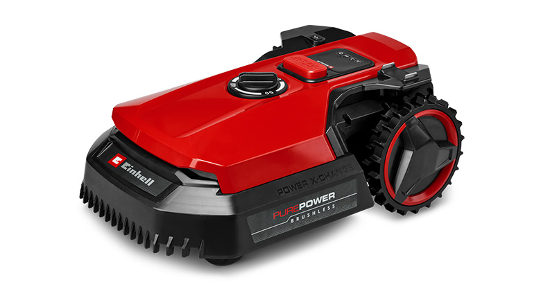 Der Einhell Mähroboter FREELEXO 500 in Rot mit schwarzen Akzenten, großen Rädern und einer schlichten, modernen Bauweise.