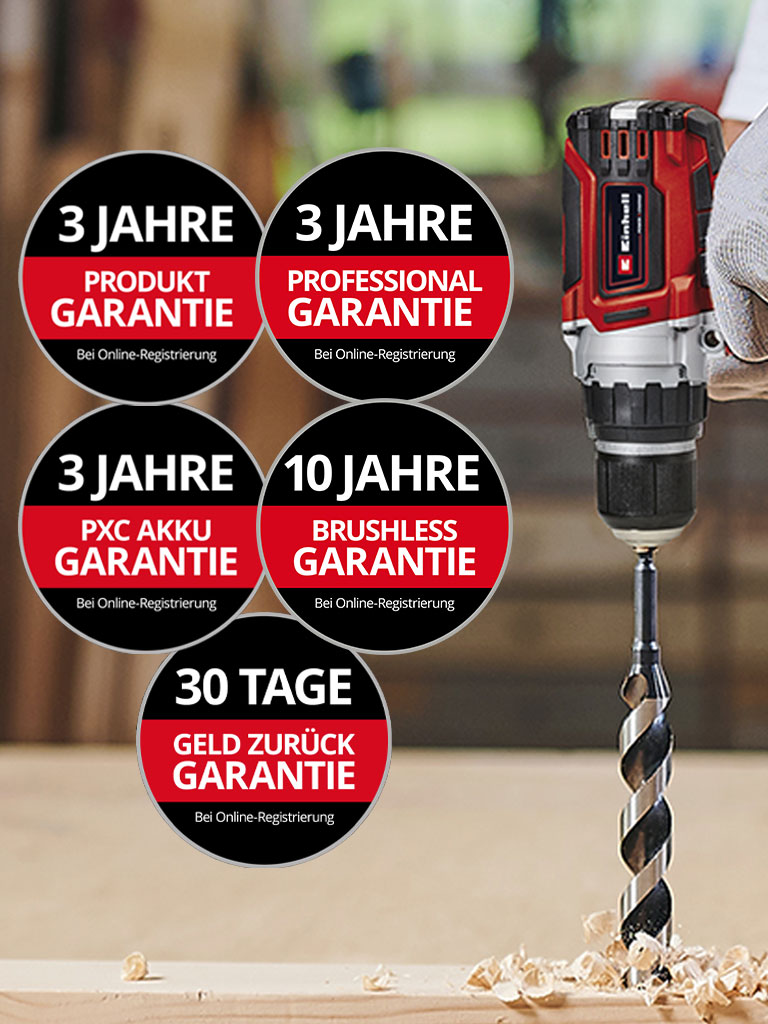 Hier sehen Sie einen Mann in einer Werkstatt mit einer Einhell-Bohrmaschine im Einsatz. Außerdem wurden die Symbole für die verschiedenen Arten der Garantieverlängerung auf dem Bild platziert. Folgende Garantieerweiterungen sind möglich: ‚Produkt Garantie‘, ‚Professional Garantie‘, ‚Brushless Garantie‘, ‚PXC AkkuGarantie‘ und die ‚30-Tage-Geld-zurück-Garantie‘.