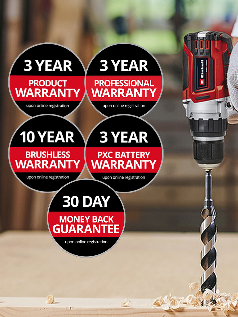 Here you can see a man in a workshop with an Einhell drill in use. In addition, the icons for the different types of warranty extension have been placed on the picture. The following warranty extensions are possible: ‘Product warranty’, ‘Professional warranty’, ‘Brushless warranty’, ‘Battery warranty’ and the ‘30-day money-back guarantee’. 