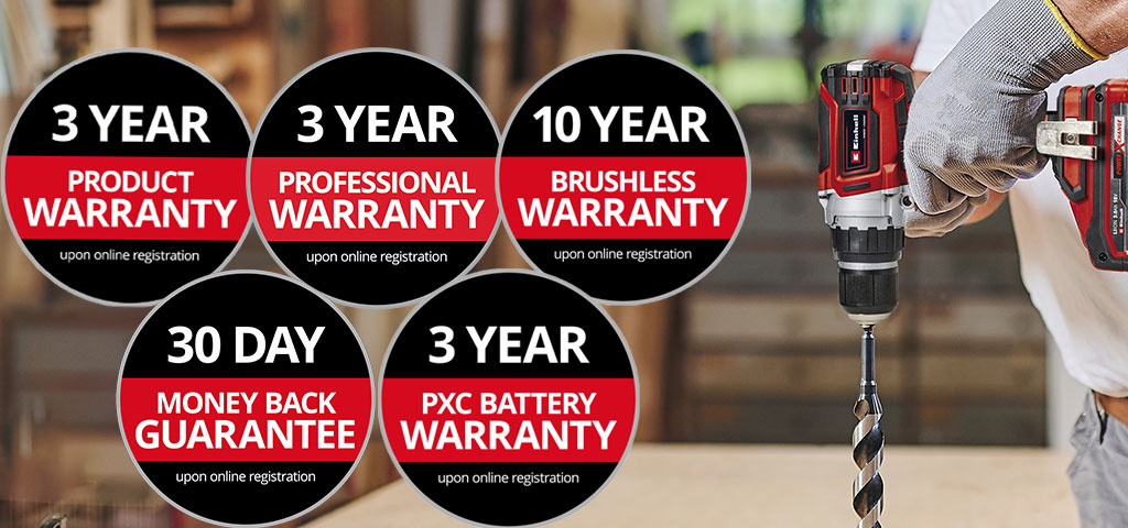 Here you can see a man in a workshop with an Einhell drill in use. In addition, the icons for the different types of warranty extension have been placed on the picture. The following warranty extensions are possible: ‘Product warranty’, ‘Professional warranty’, ‘Brushless warranty’, ‘Battery warranty’ and the ‘30-day money-back guarantee’.