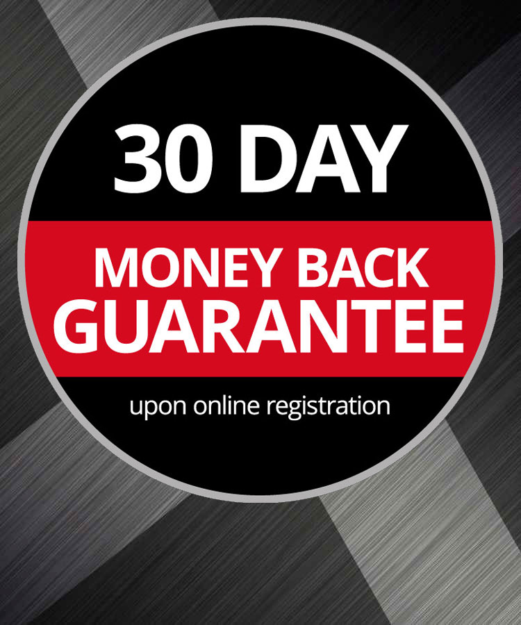 Round Warranty Logo with the text "30-Day Money Back Guarantee, upon Online Registration" on a grey background.