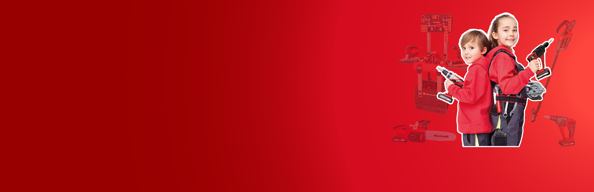 Two children in red clothing with Einhell toy tools and a workbench on a red background.