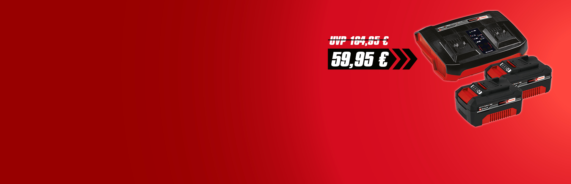 A promotional image shows an Einhell Twincharger set with two 3.0 Ah batteries priced at €59.95, reduced from €104.95, on a red background.