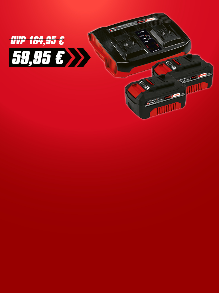 A promotional image shows an Einhell Twincharger set with two 3.0 Ah batteries priced at €59.95, reduced from €104.95, on a red background.