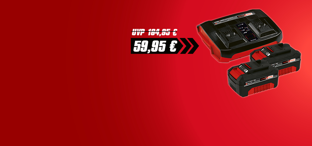 A promotional image shows an Einhell Twincharger set with two 3.0 Ah batteries priced at €59.95, reduced from €104.95, on a red background.