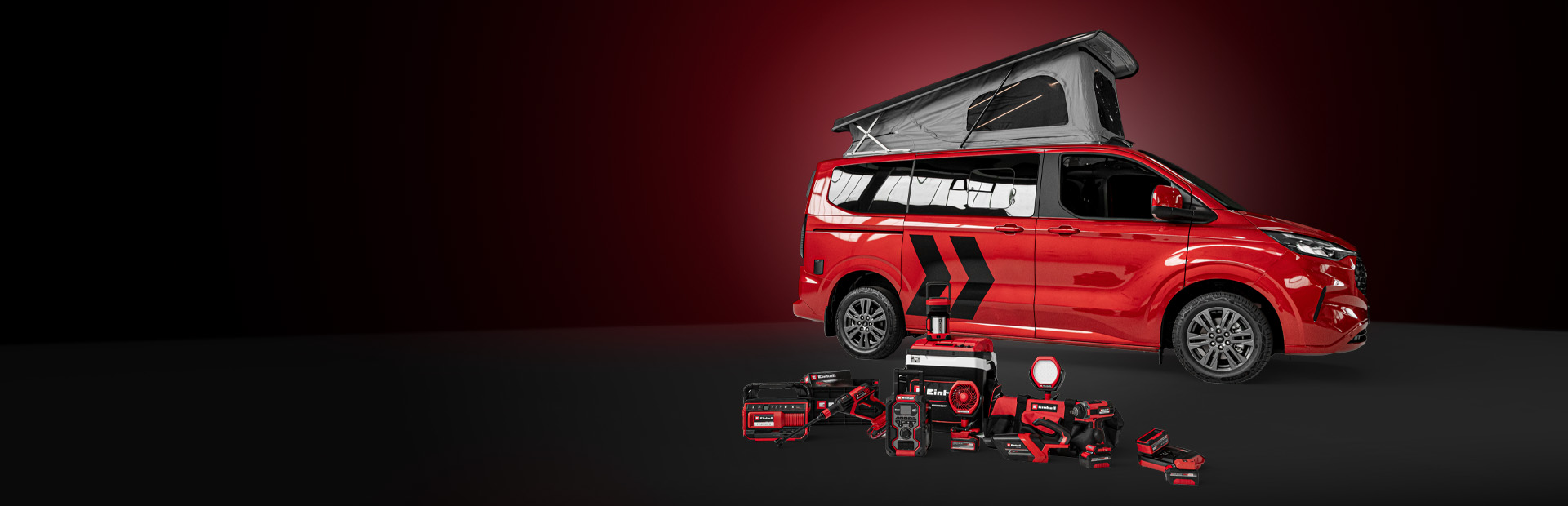 Illustration of a red camper and many products from the brand Einhell