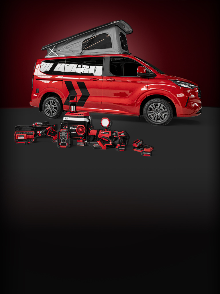 Illustration of a red camper and many products from the brand Einhell