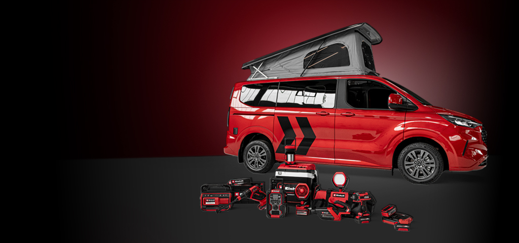 Illustration of a red camper and many products from the brand Einhell