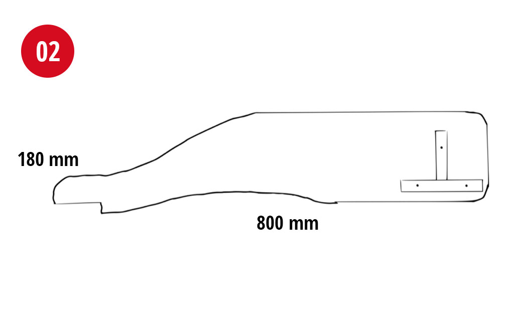 Technische Zeichnung mit der Nummer 02 zeigt ein geschwungenes Holzteil, 800 mm lang und 180 mm hoch.