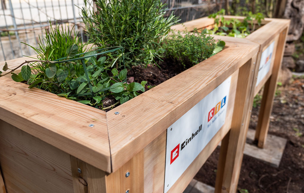 Zwei Hochbeete aus Holz mit Kräutern bepflanzt, auf der Vorderseite je ein Schild mit den Logos von Einhell und RTL.